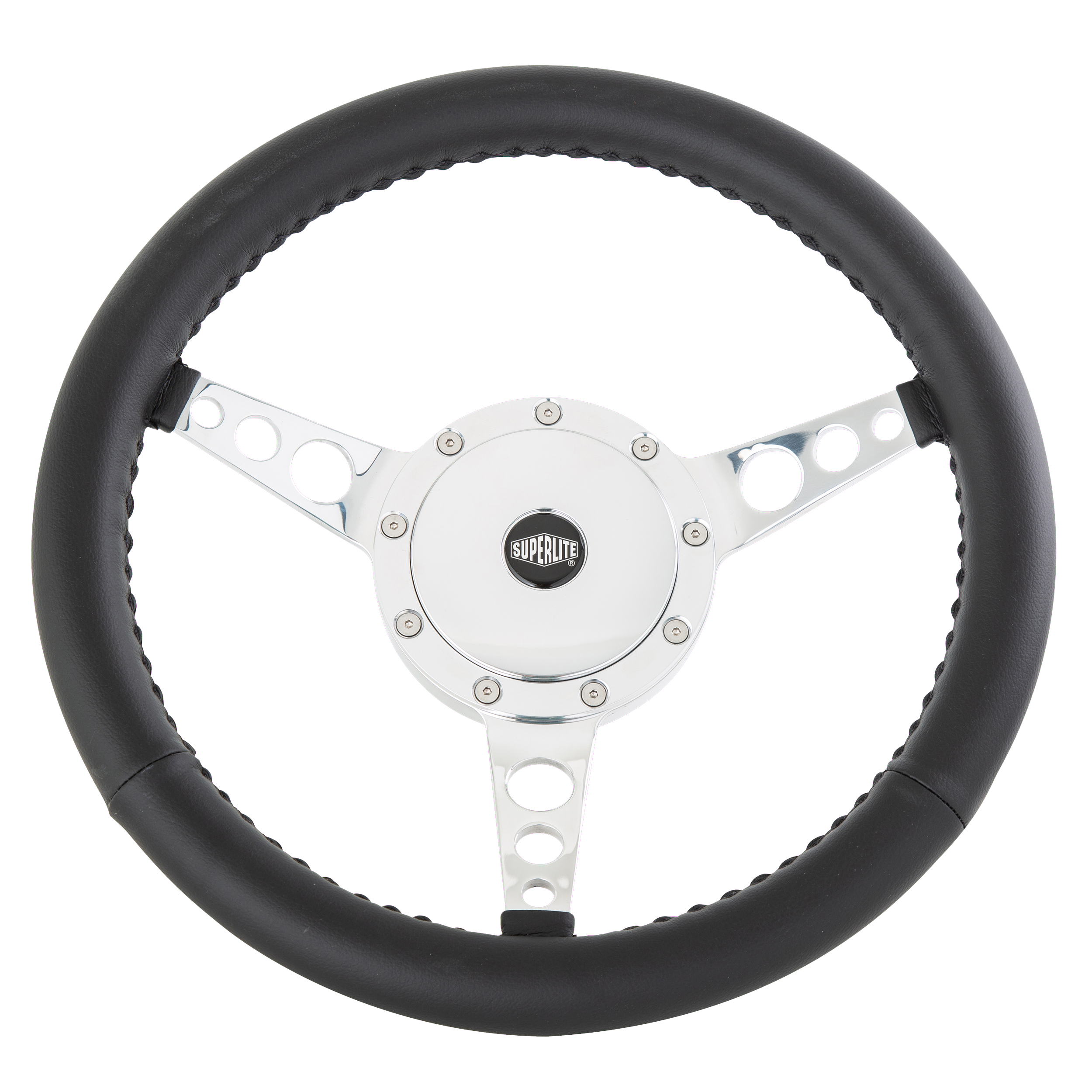 13" SUPERLITE® Black Leather Steering Wheel - 3 Spoke - Polish Dished - Holes
